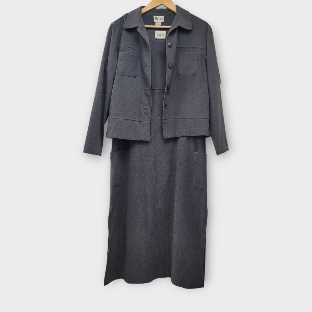 Vintage Jumper Dress with Blazer Jacket Size Medium Gray Minimalist Modest